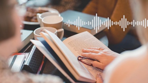 Close-up of a person reading a book with soundwave overlay, representing mastering rhythm and intonation in the American Accent Course Part 3